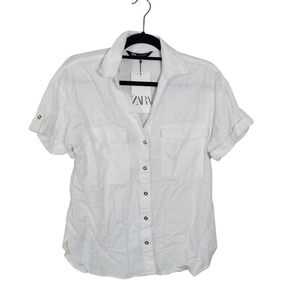 Zara White Button Down Short Sleeve Top SZ S Gold Buttons Front Pockets - Picture 3 of 11